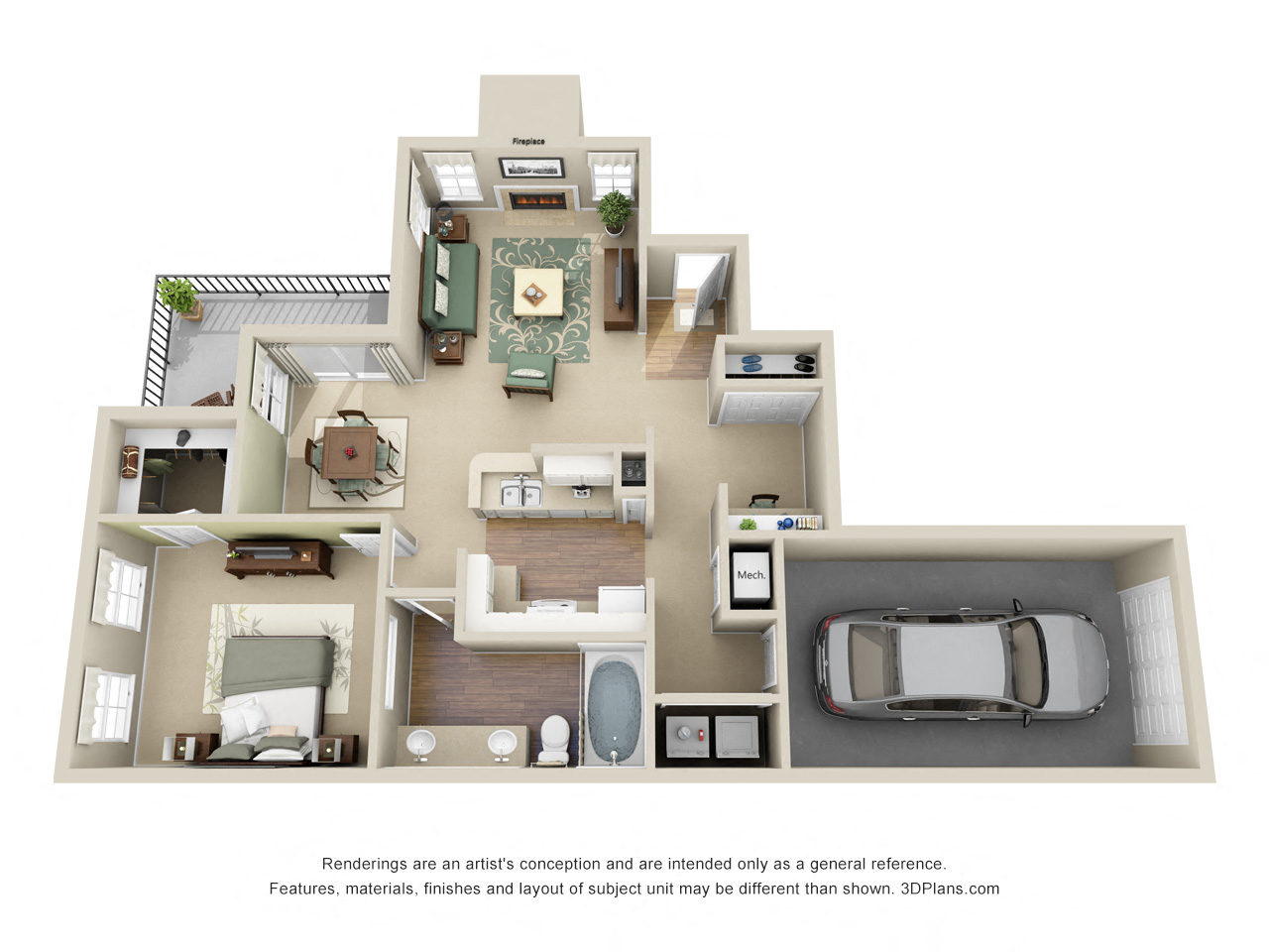 Floor plan for 1 bed, 1 bath, 945 sqft